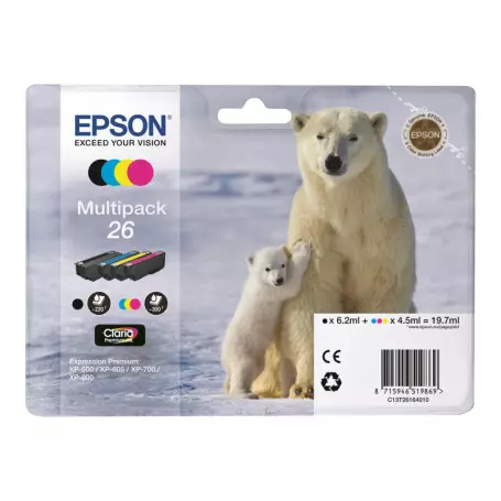 Cartouche Epson 26 Noir + 3 Couleurs XP-510/520/600/620/625/720/800 CARTEPT26MULTI - 1