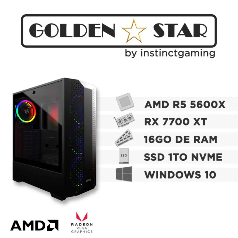 PC Gamer GOLDEN STAR R5-5600X 16Go 1To RX 7700 XT 12Go W10 Couleur