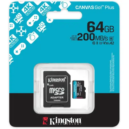 Mémoire Micro SDXC 64Go Kingston Canvas Go Plus A2/V30/UHS-I U3