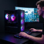 PC Gamer Oracle: PC de bureau gaming avec boîtier à LEDs RGB, ventilateurs lumineux, carte graphique ouverte et écran affichant