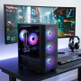 PC Gamer ORACLE i5-14400F; PC de gaming avec boîtier PC noir, ventilateurs RGB, GPU et RAM visibles, écran 3D RGB en arrière-pla