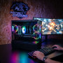 PC Gamer Mercury: PC de gaming avec boîtier transparent et éclairages RGB, RTX 5070, écran affichant un jeu, clavier et souris s